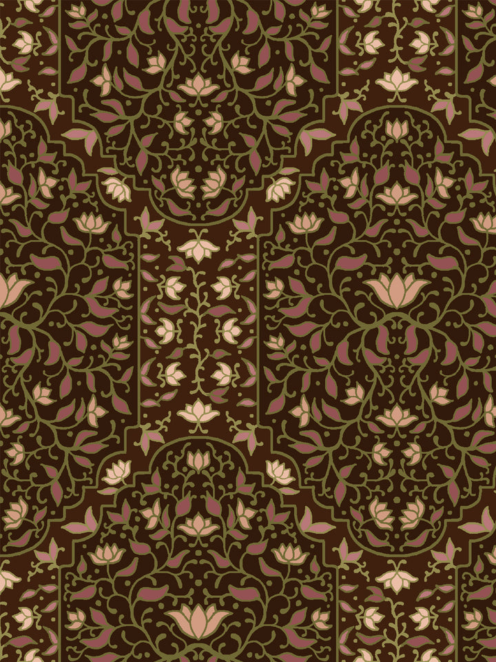 Close crop of dusty mauve rose and foliate arches on dark chocolate brown