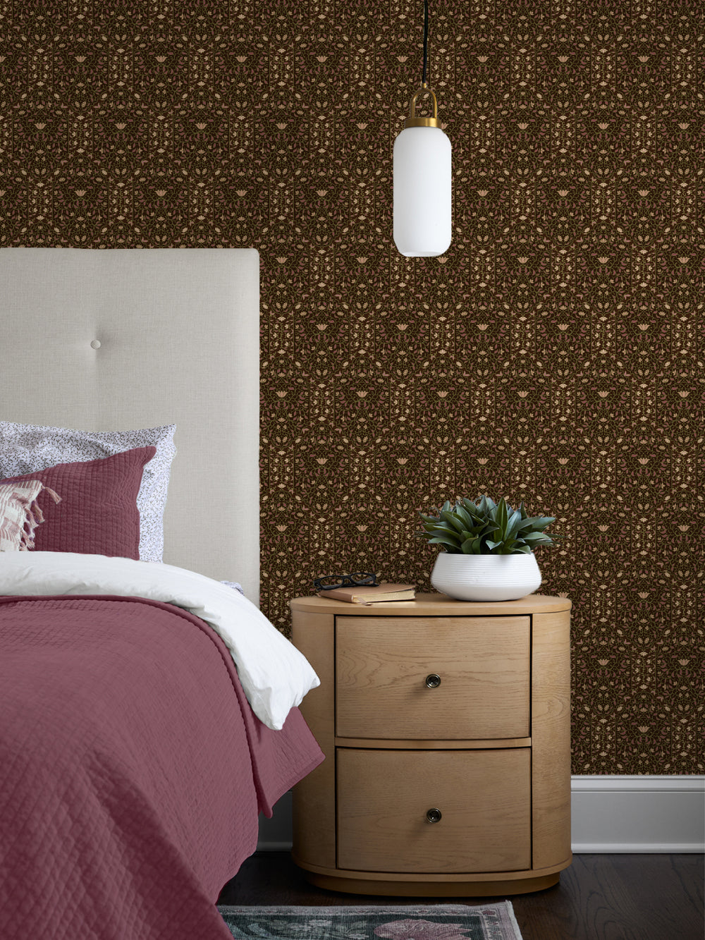 Bedroom with Moss Bark Taliah Large wallpaper, cream headboard, berry quilt and oak nightstand
