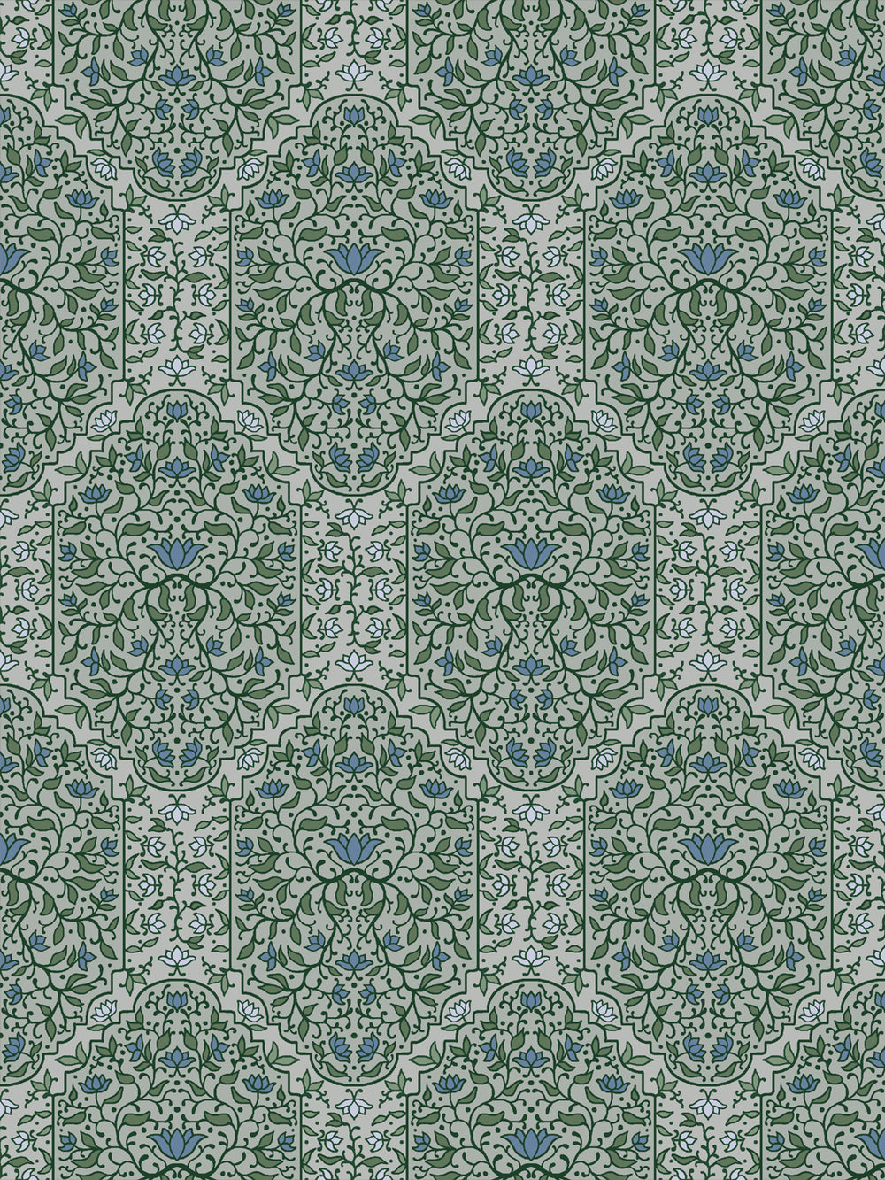 Taliah Large wallpaper in Overcast Garden, forest green arch vines with blue lotus on grey-sage
