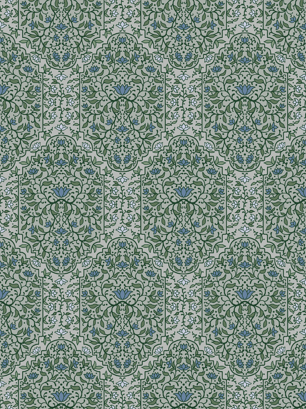 Taliah Large wallpaper in Overcast Garden, forest green arch vines with blue lotus on grey-sage
