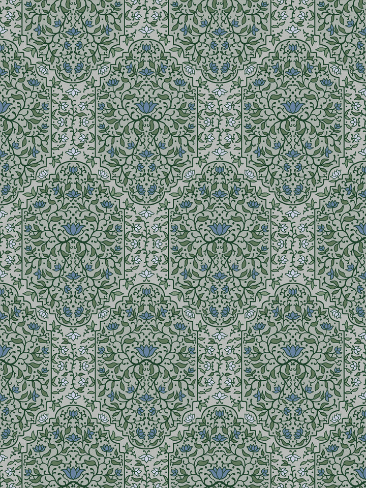 Taliah Large wallpaper in Overcast Garden, forest green arch vines with blue lotus on grey-sage