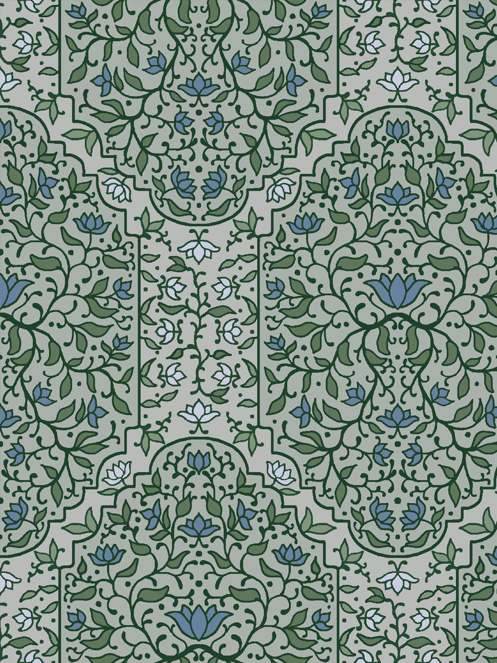 Close crop of forest and olive green foliate arches on pale grey