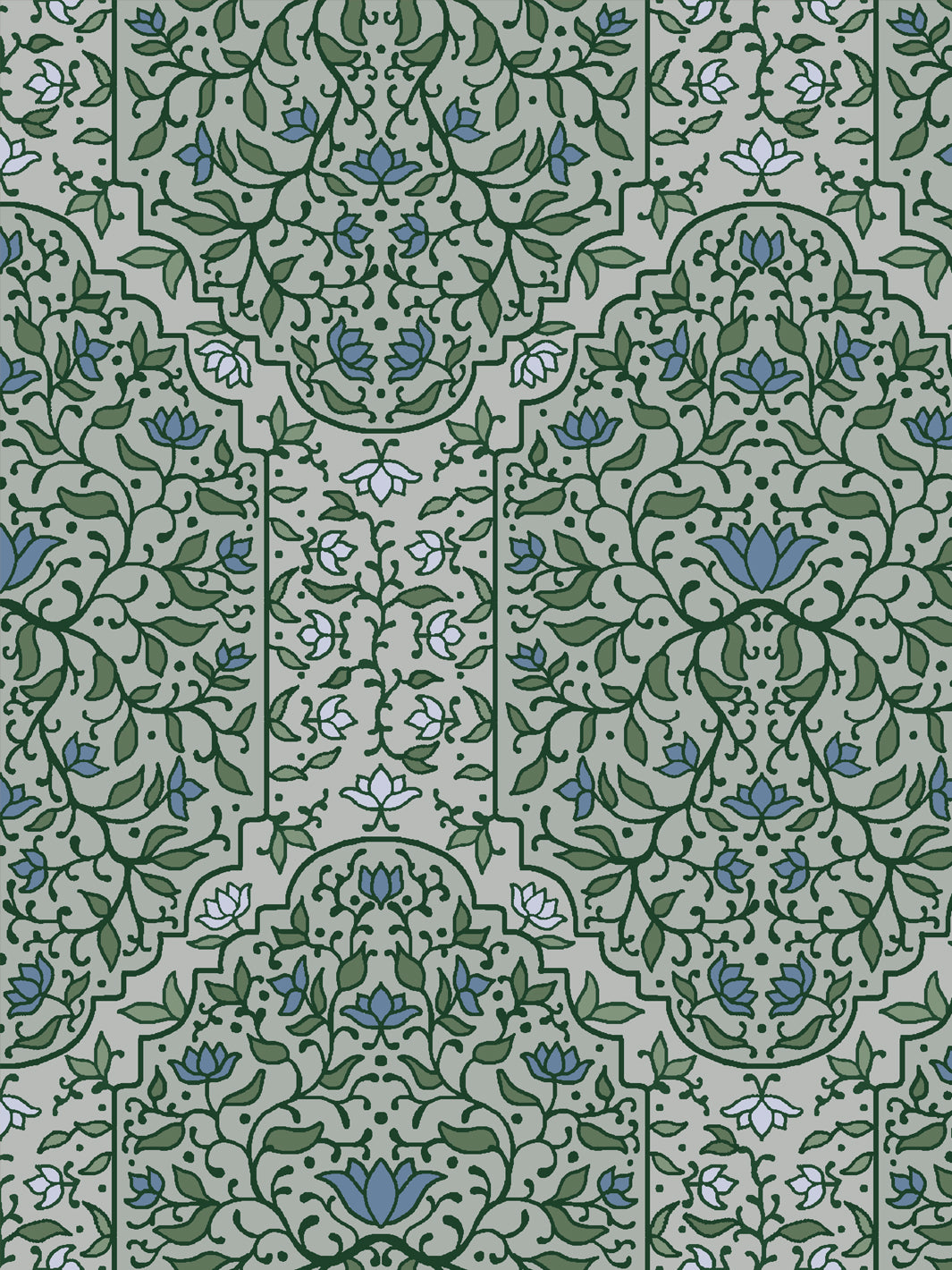 Close crop of forest and olive green foliate arches on pale grey