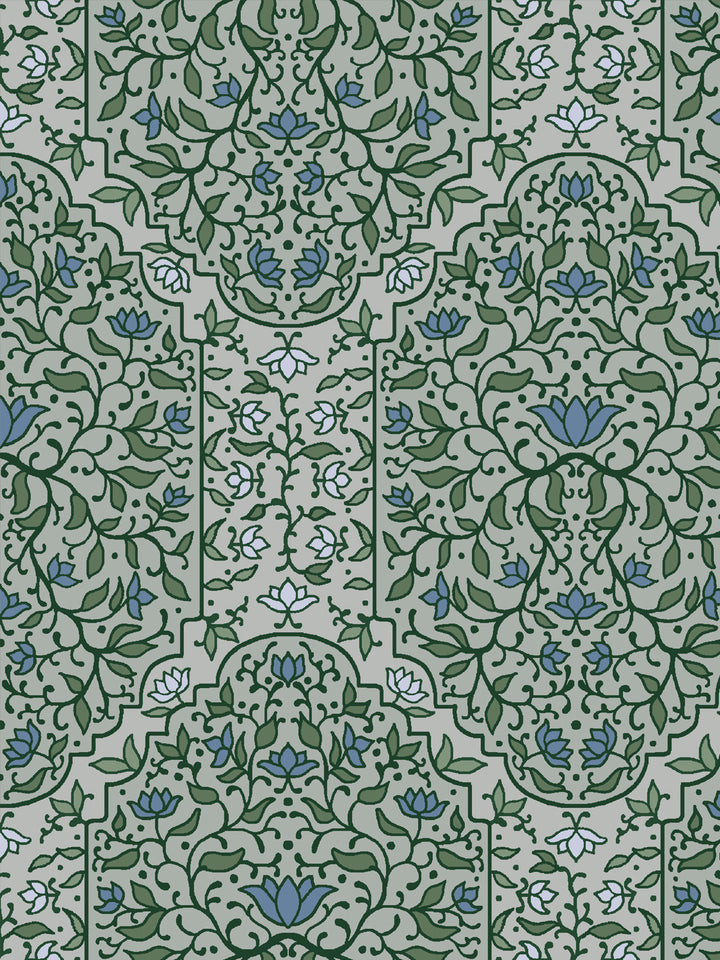 Close crop of forest and olive green foliate arches on pale grey