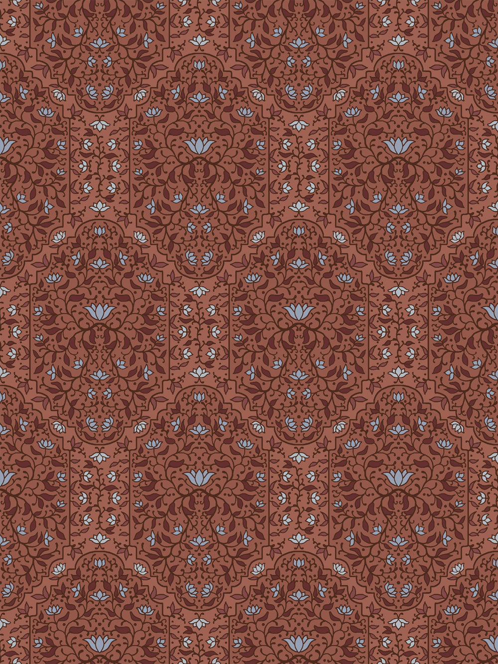 Taliah Large wallpaper in Painted Clay, oxblood arch florals with pale blue lotus on terracotta