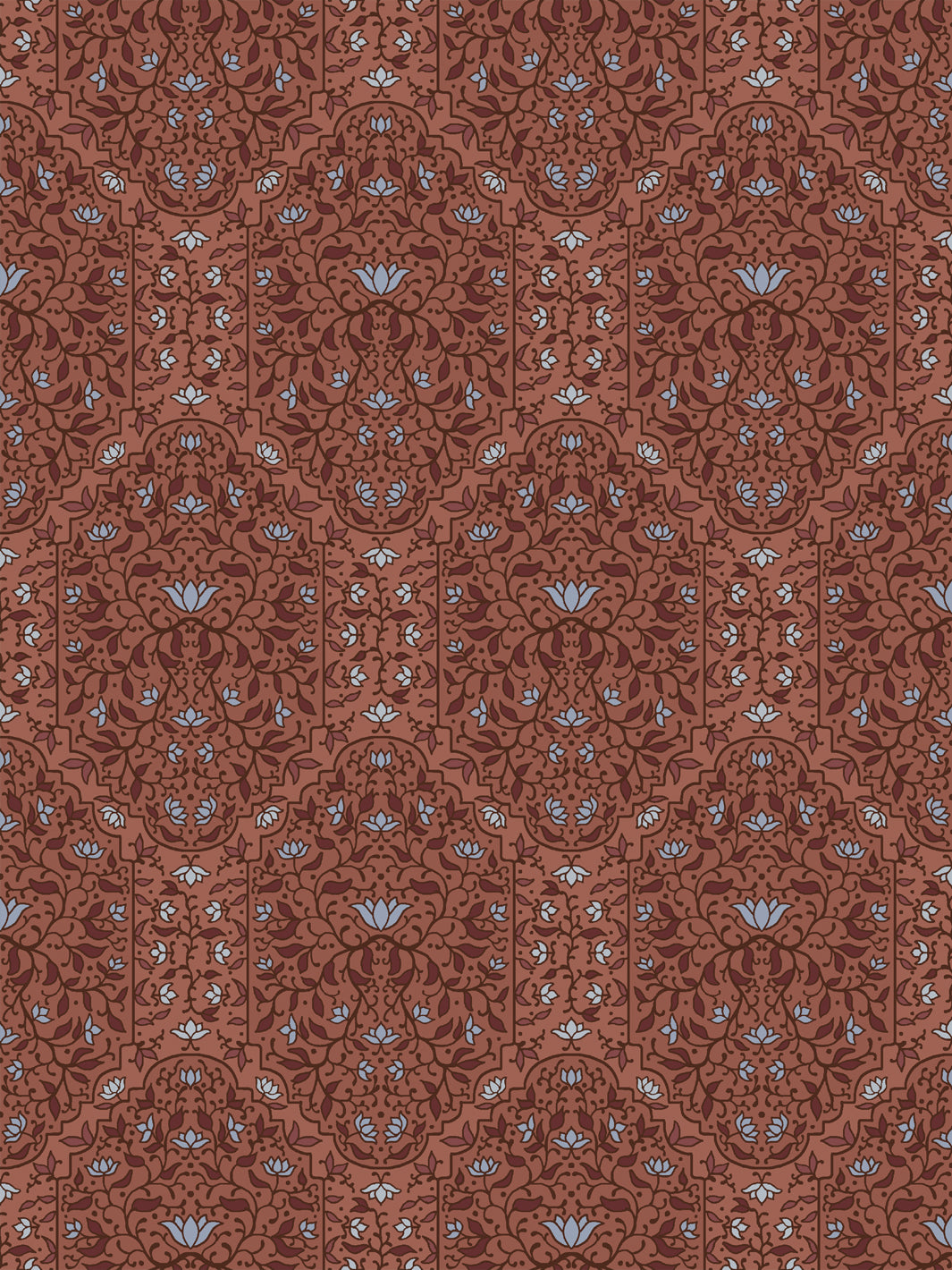 Taliah Large wallpaper in Painted Clay, oxblood arch florals with pale blue lotus on terracotta