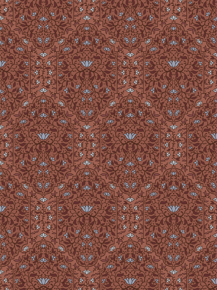 Taliah Large wallpaper in Painted Clay, oxblood arch florals with pale blue lotus on terracotta