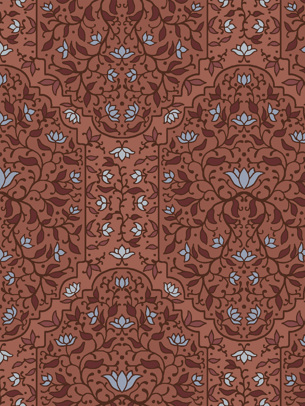 Close crop of deep oxblood brown and foliate arches on terracotta brick clay