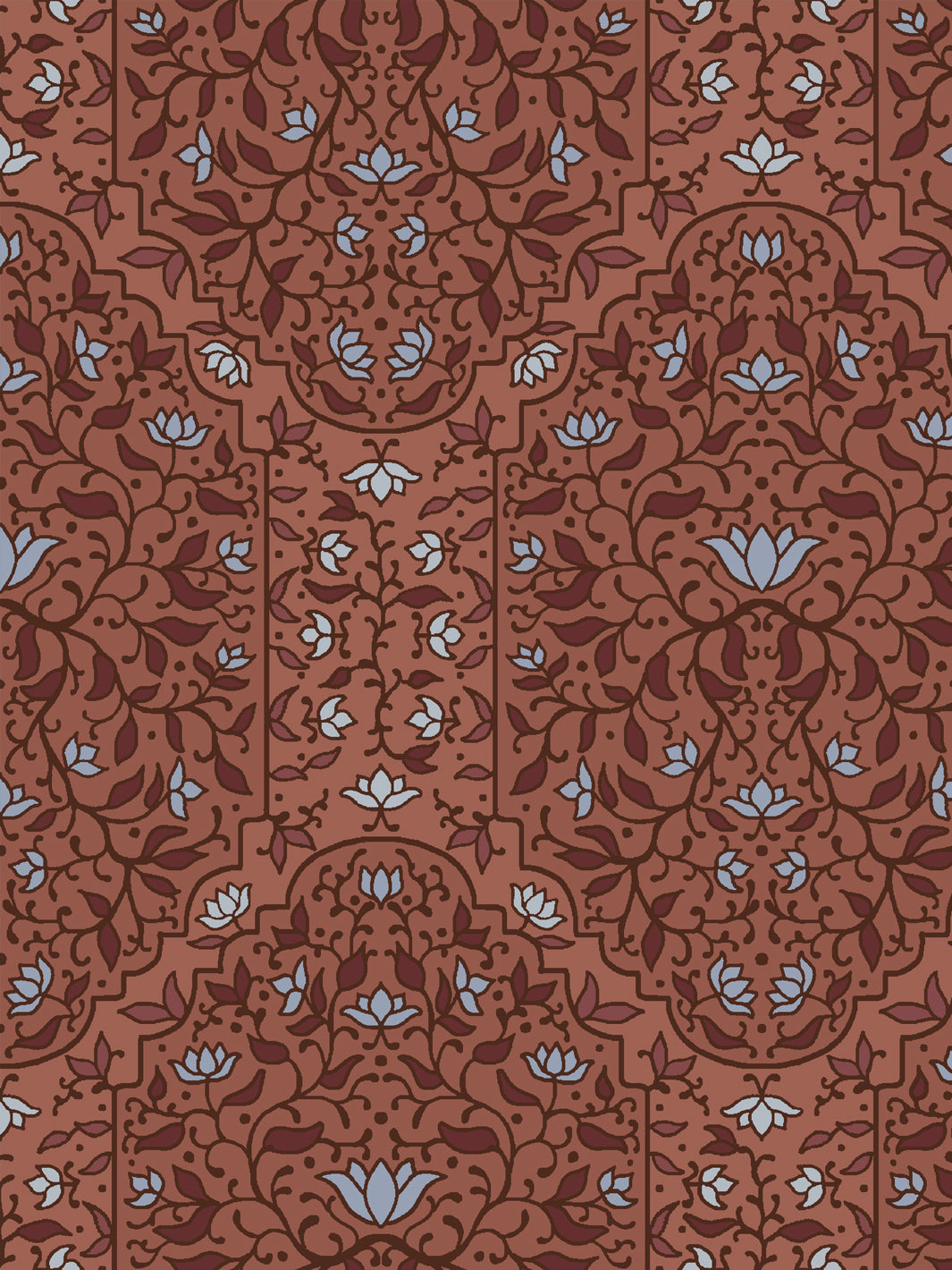 Close crop of deep oxblood brown and foliate arches on terracotta brick clay