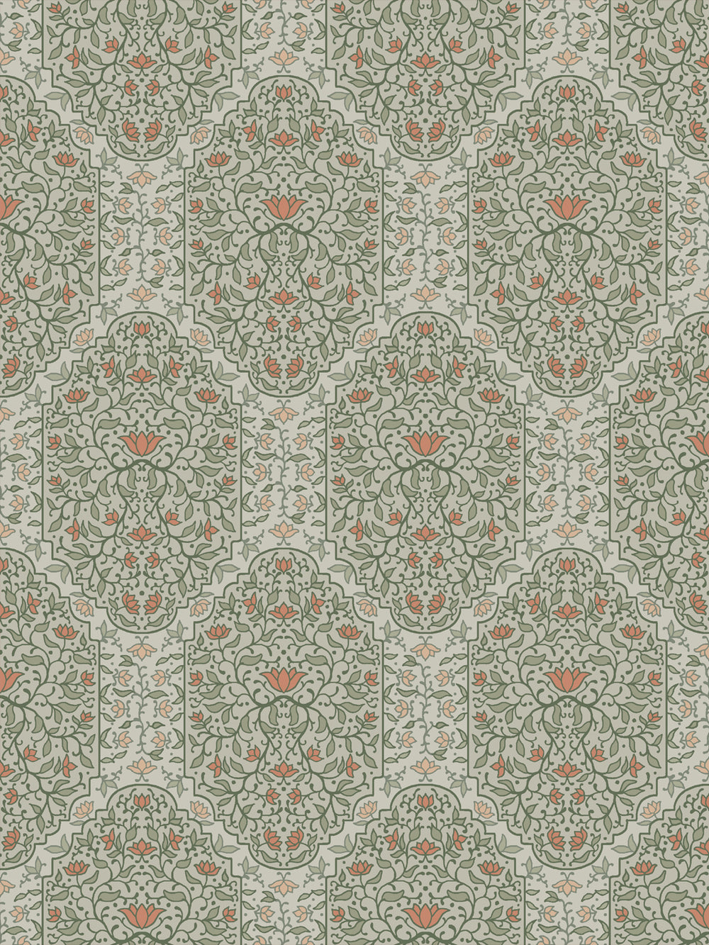 Taliah Large wallpaper in Silver Sage, sage arch florals with coral lotus on a pale grey-green ground