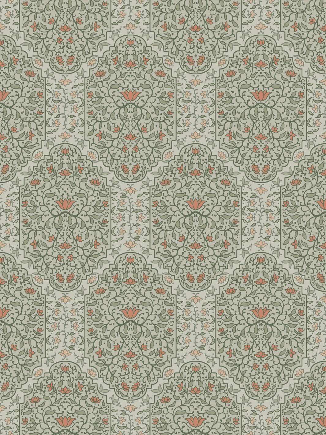 Taliah Large wallpaper in Silver Sage, sage arch florals with coral lotus on a pale grey-green ground