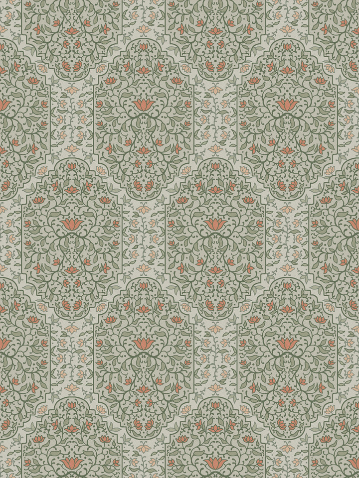 Taliah Large wallpaper in Silver Sage, sage arch florals with coral lotus on a pale grey-green ground