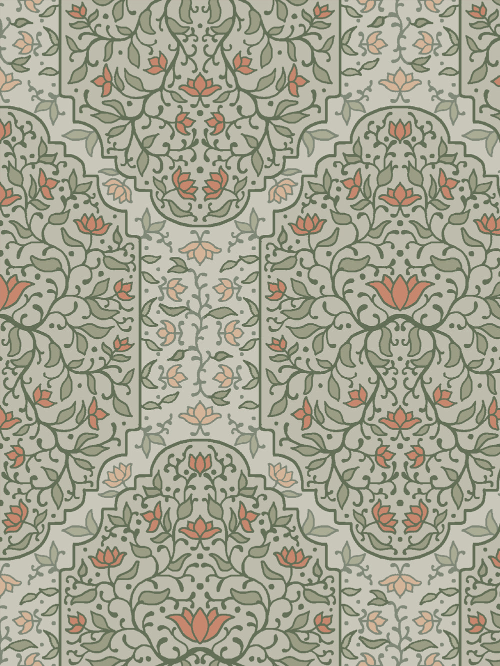 Close crop of sage and olive green and foliate arches on pale grey-green sage