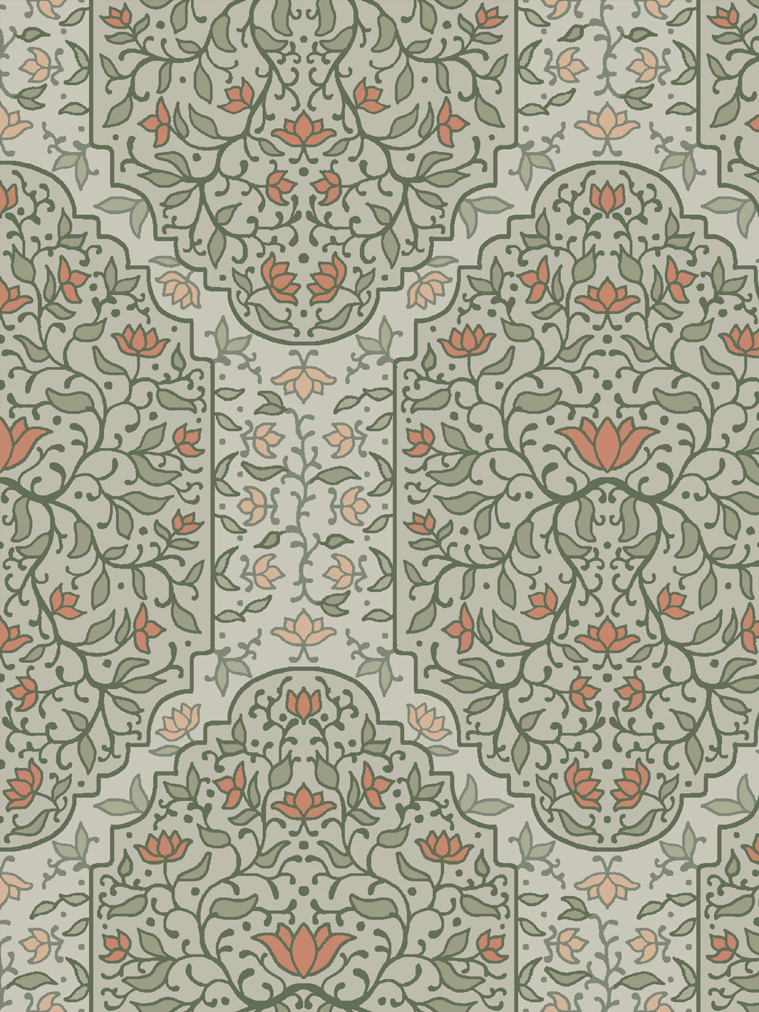 Close crop of sage and olive green and foliate arches on pale grey-green sage