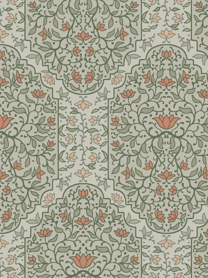 Close crop of sage and olive green and foliate arches on pale grey-green sage