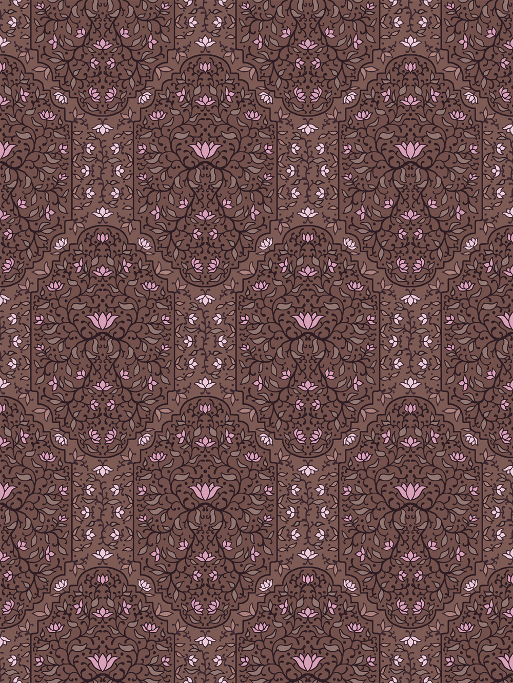 Taliah Large wallpaper in Soft Camellia Walnut, pink lotus and taupe vines on a walnut brown ground