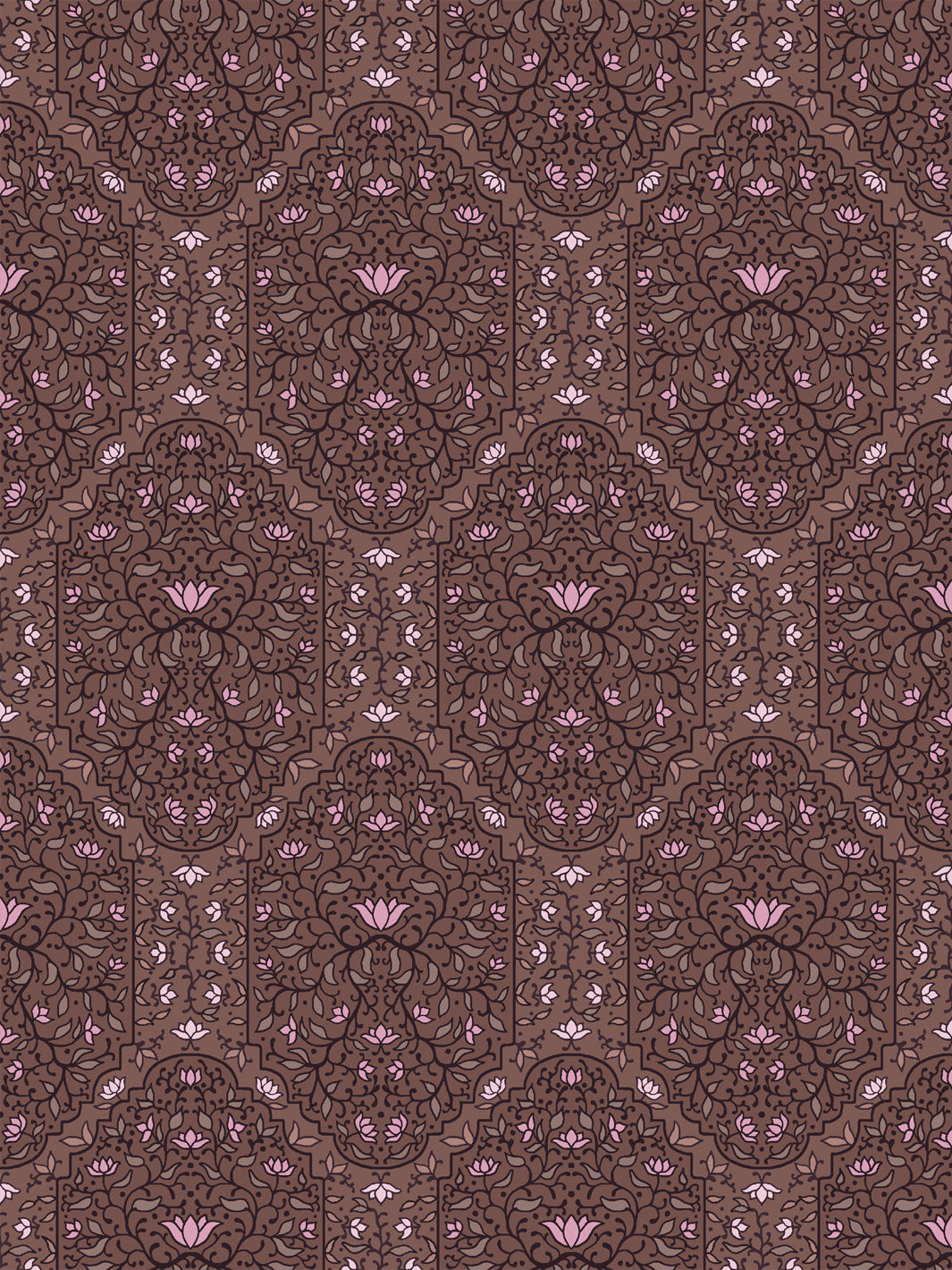 Taliah Large wallpaper in Soft Camellia Walnut, pink lotus and taupe vines on a walnut brown ground