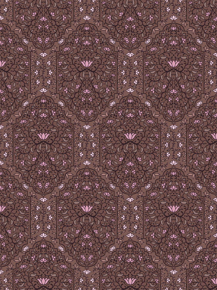 Taliah Large wallpaper in Soft Camellia Walnut, pink lotus and taupe vines on a walnut brown ground