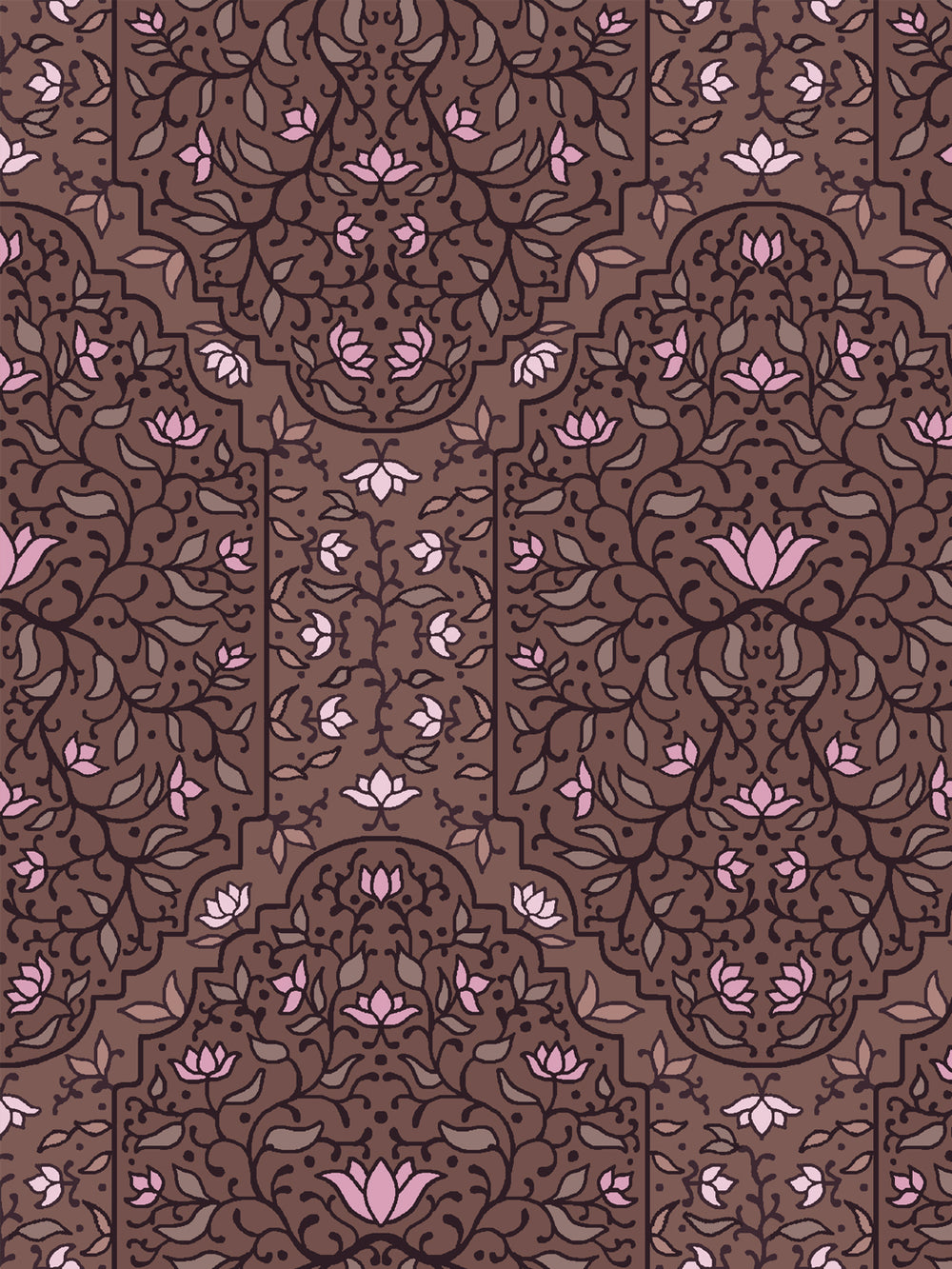 Close crop of pink ranging from bubblegum to pale foliate arches on mauve-tinted walnut brown