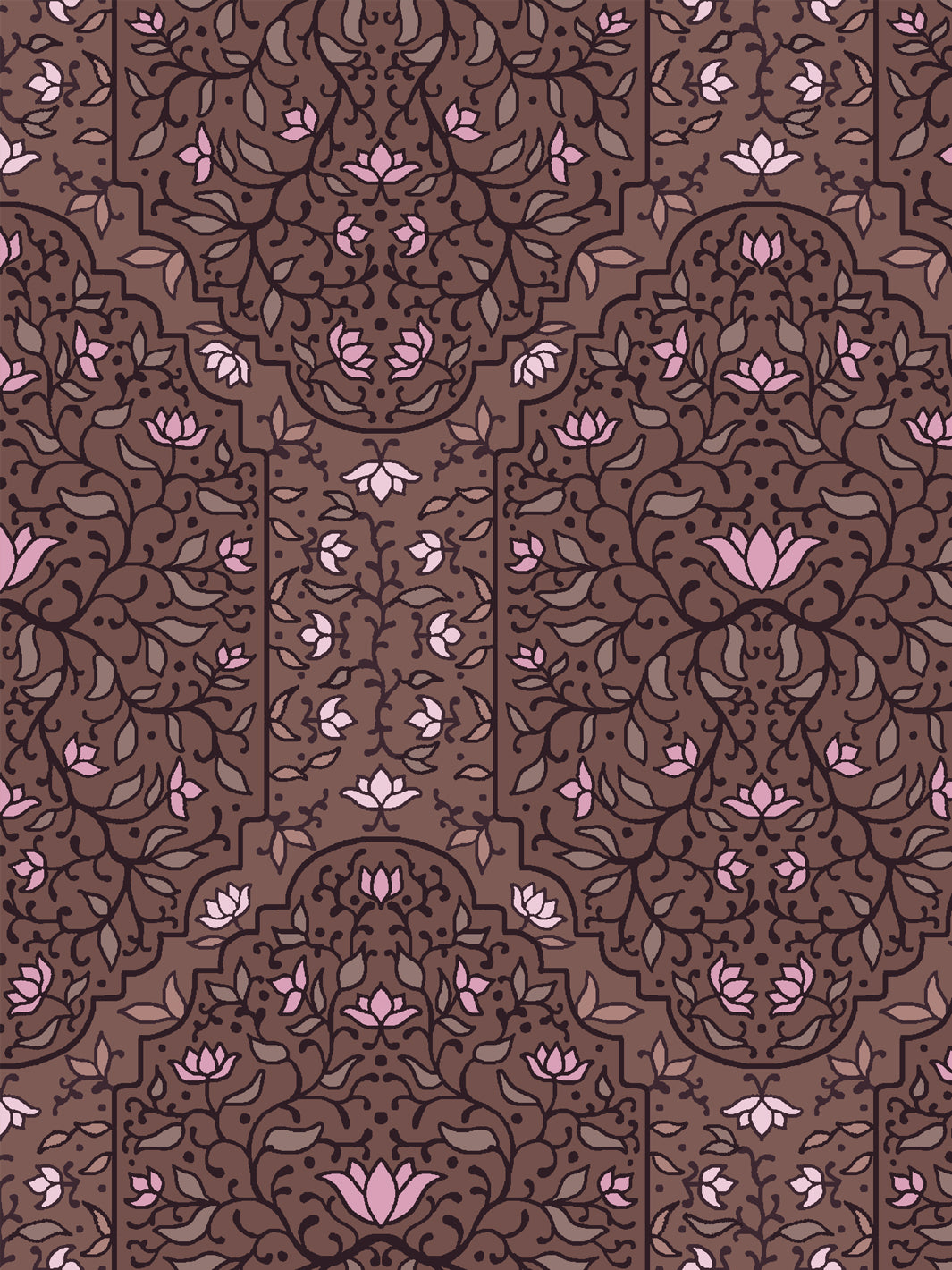Close crop of pink ranging from bubblegum to pale foliate arches on mauve-tinted walnut brown