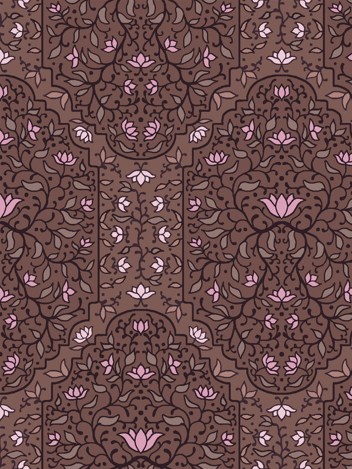 Close crop of pink ranging from bubblegum to pale foliate arches on mauve-tinted walnut brown