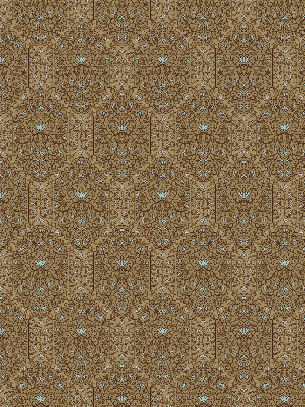 Taliah wallpaper in Aged Olive: brown foliate arches and pale blue lotus flowers on a warm tan ground
