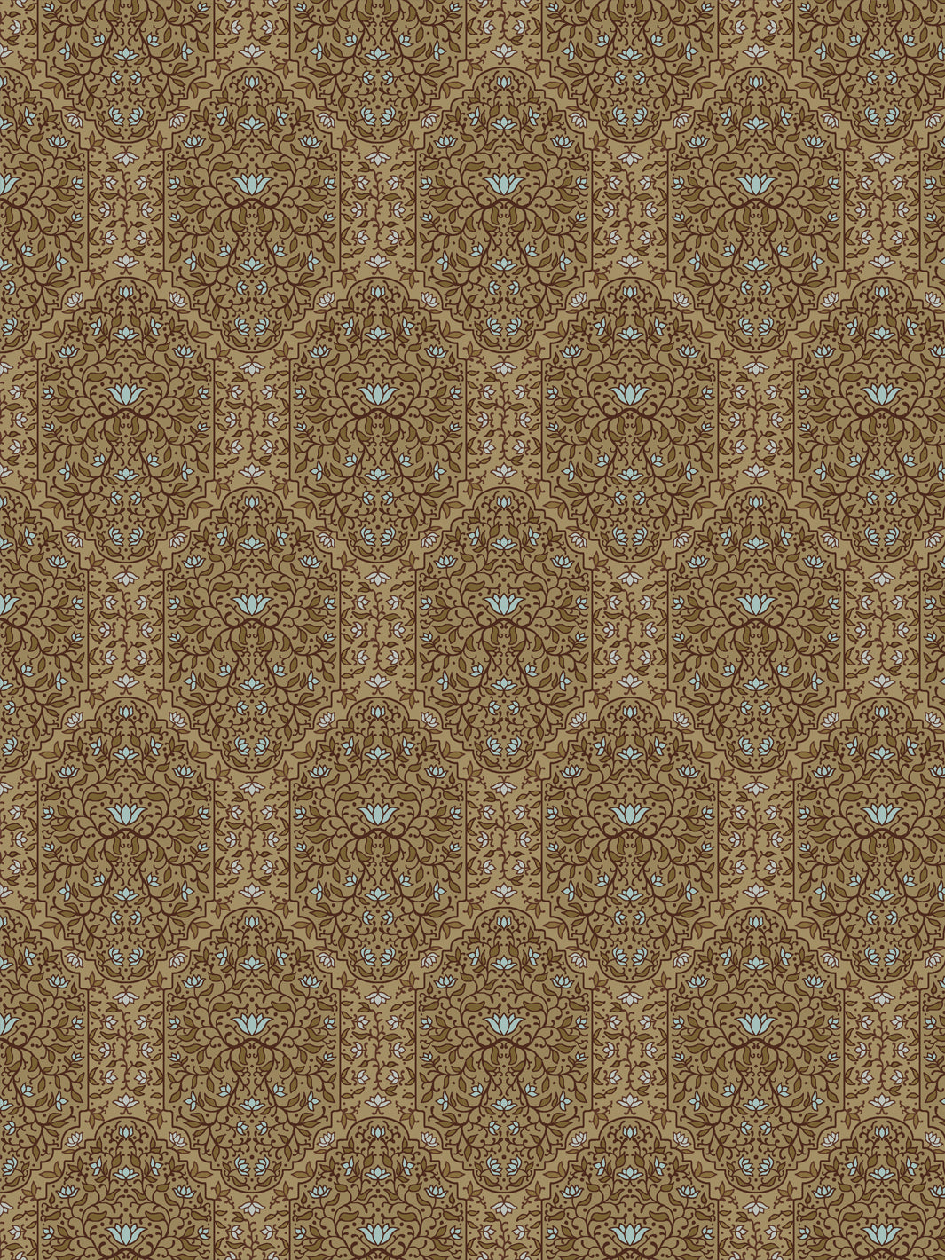 Taliah wallpaper in Aged Olive: brown foliate arches and pale blue lotus flowers on a warm tan ground
