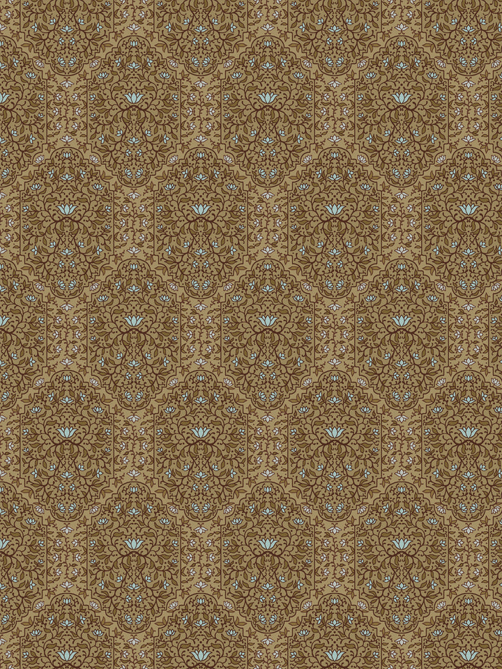 Taliah wallpaper in Aged Olive: brown foliate arches and pale blue lotus flowers on a warm tan ground