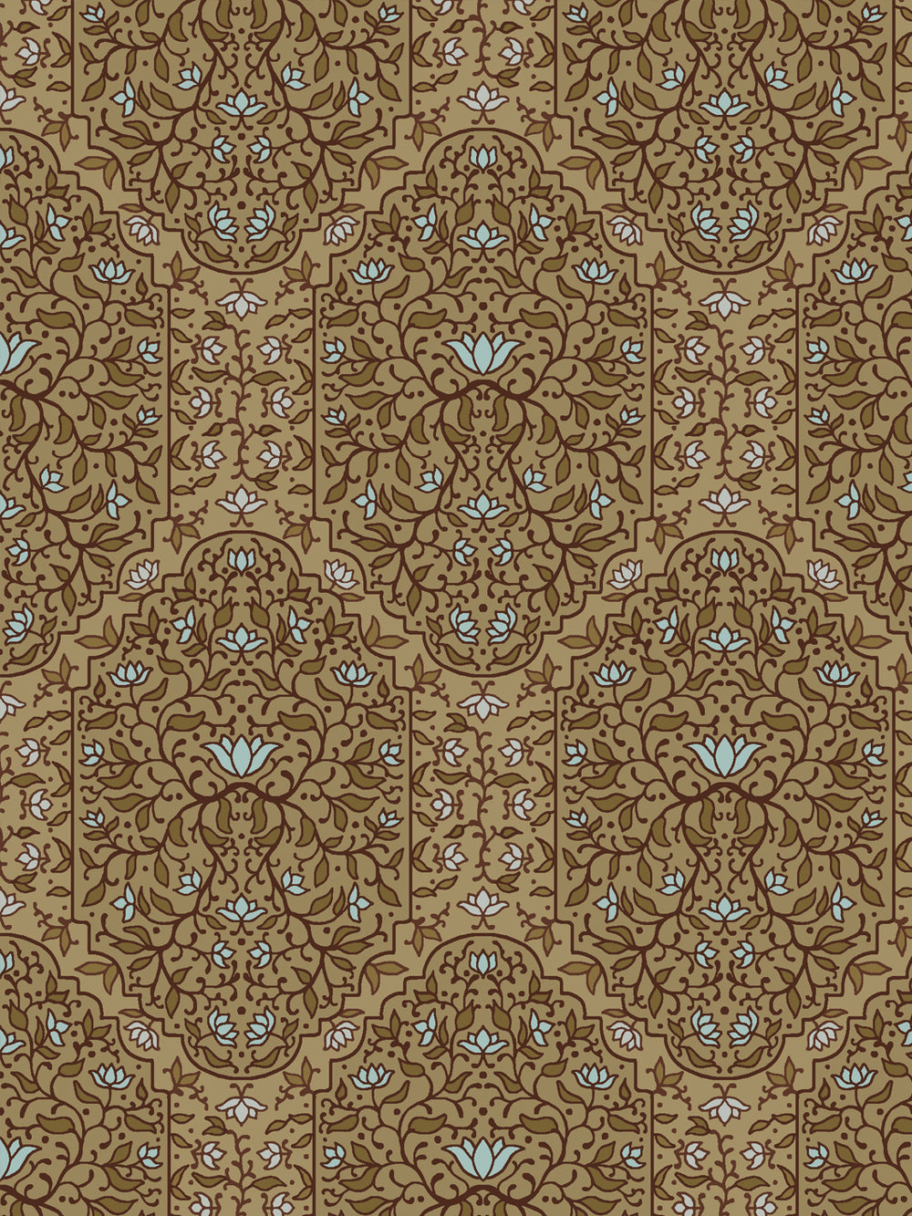 Close crop of dark chocolate brown foliate arches on warm camel tan