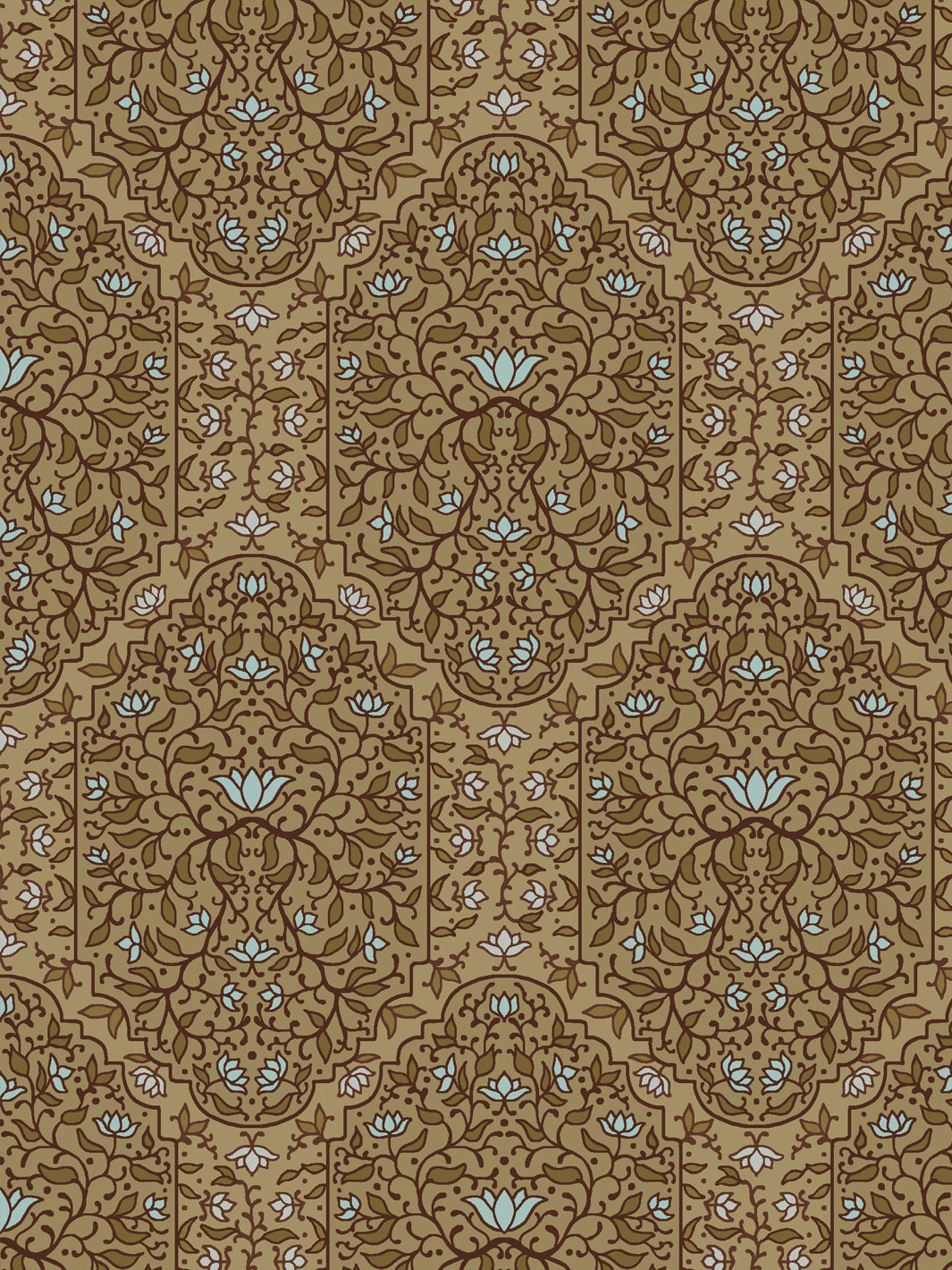Close crop of dark chocolate brown foliate arches on warm camel tan