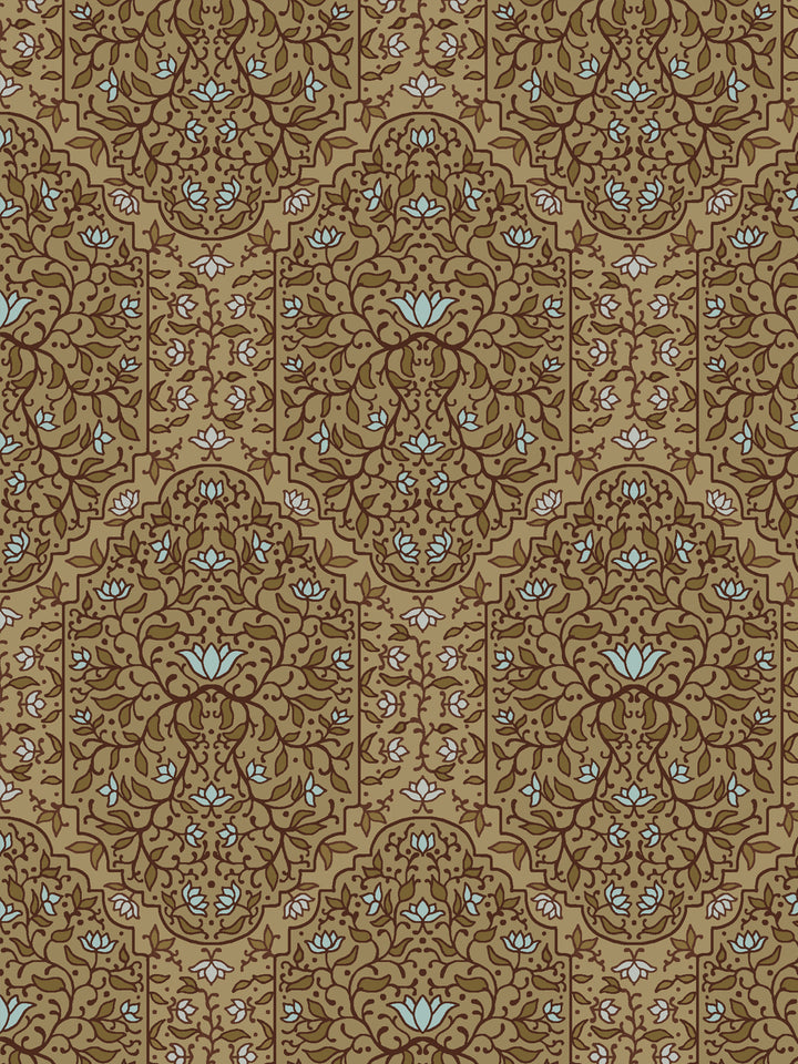 Close crop of dark chocolate brown foliate arches on warm camel tan