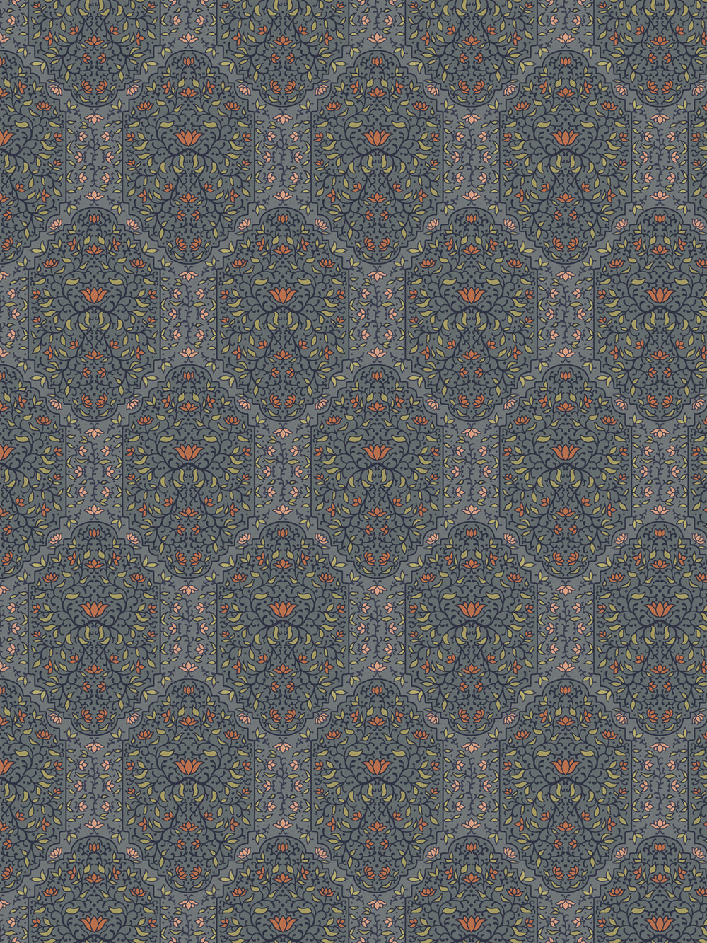 Taliah wallpaper in Antique Navy Blossom: navy arches with orange lotus and olive leaves on slate blue