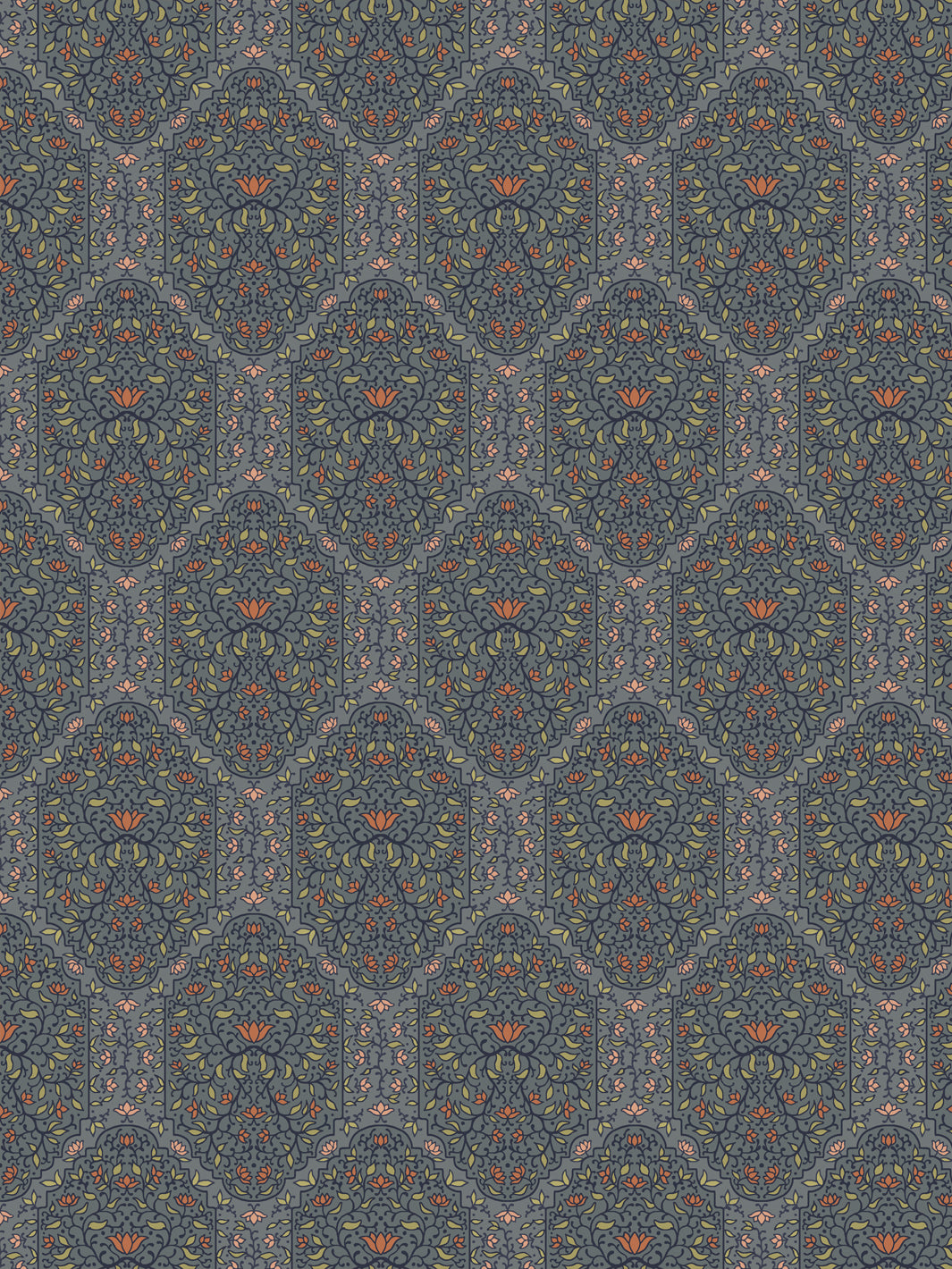 Taliah wallpaper in Antique Navy Blossom: navy arches with orange lotus and olive leaves on slate blue