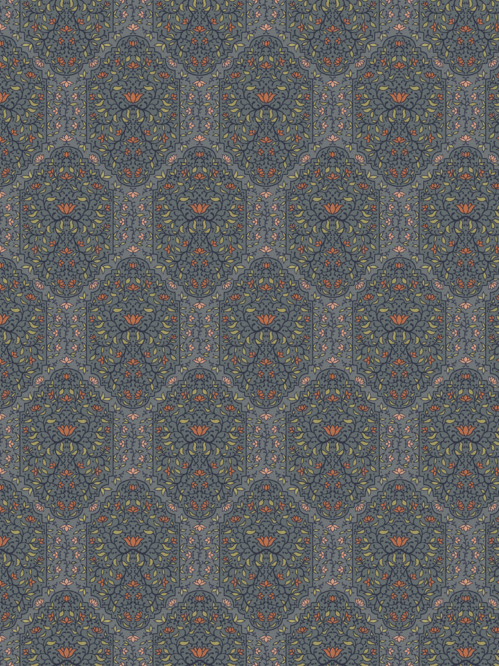 Taliah wallpaper in Antique Navy Blossom: navy arches with orange lotus and olive leaves on slate blue
