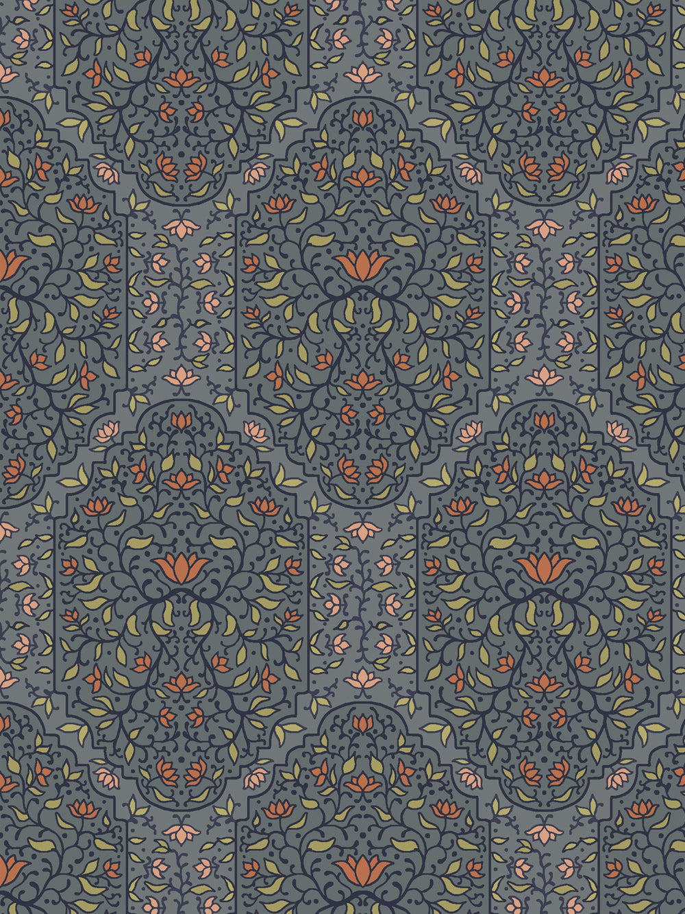 Close crop of dark navy and foliate arches on medium slate blue-grey