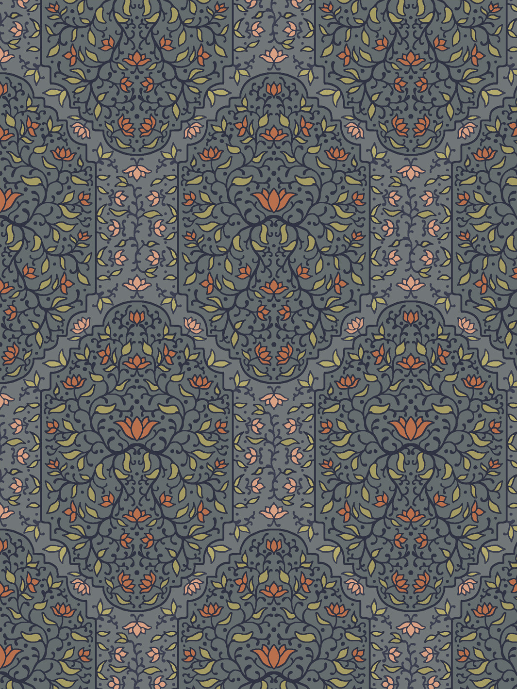 Close crop of dark navy and foliate arches on medium slate blue-grey