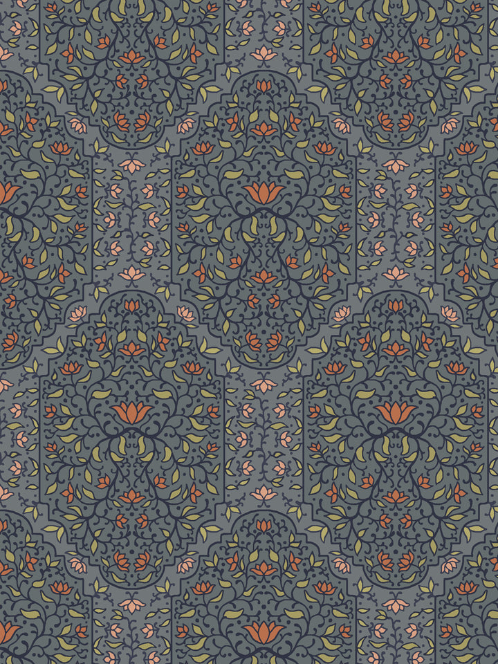 Close crop of dark navy and foliate arches on medium slate blue-grey