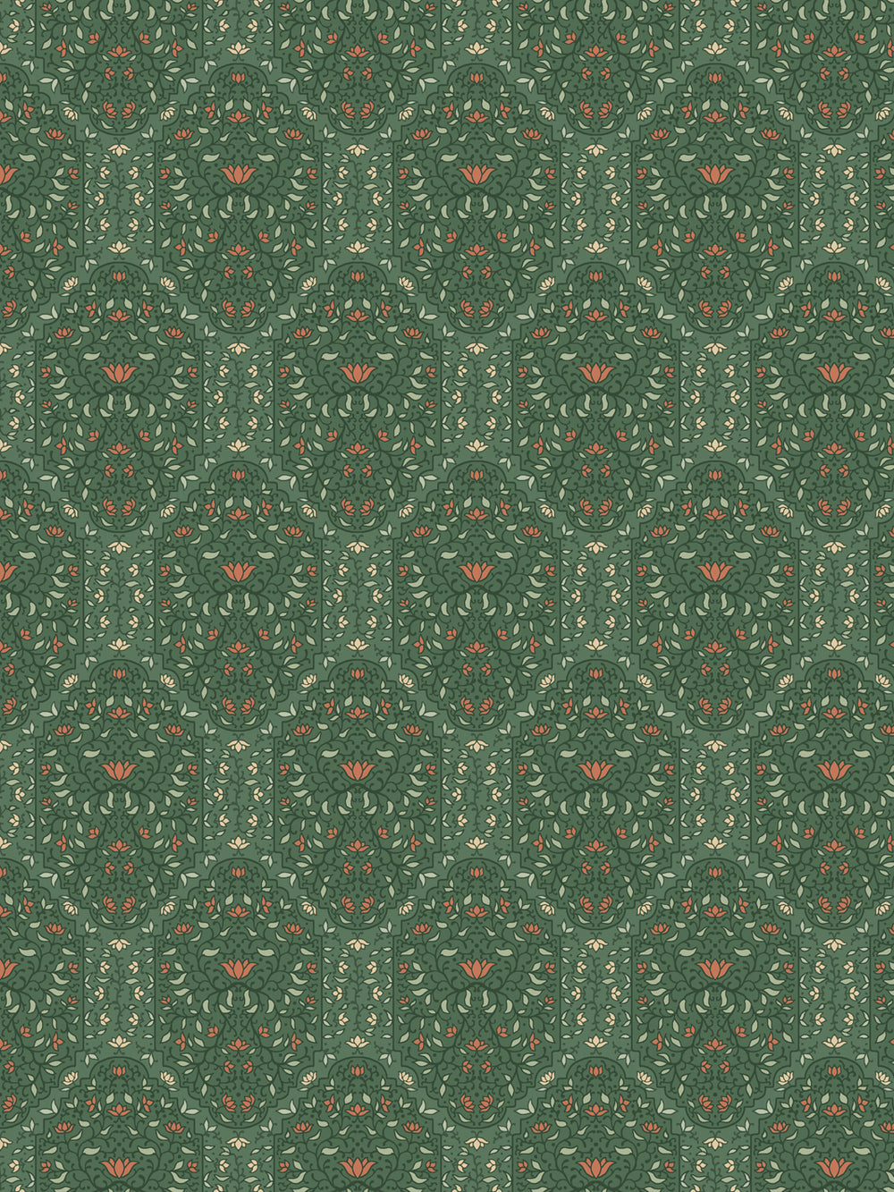 Taliah wallpaper in Buttercup Forest: tonal green foliate arches with coral lotus flowers and cream buds