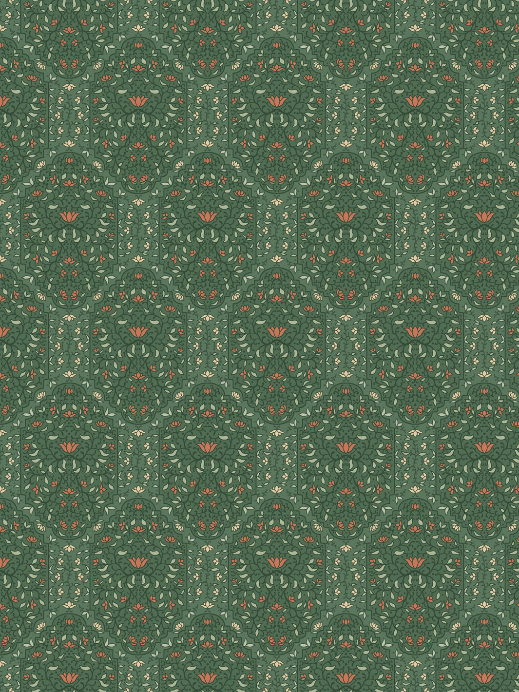 Taliah wallpaper in Buttercup Forest: tonal green foliate arches with coral lotus flowers and cream buds