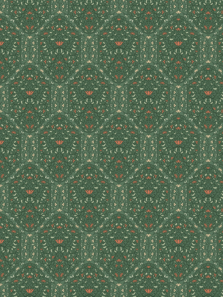 Taliah wallpaper in Buttercup Forest: tonal green foliate arches with coral lotus flowers and cream buds