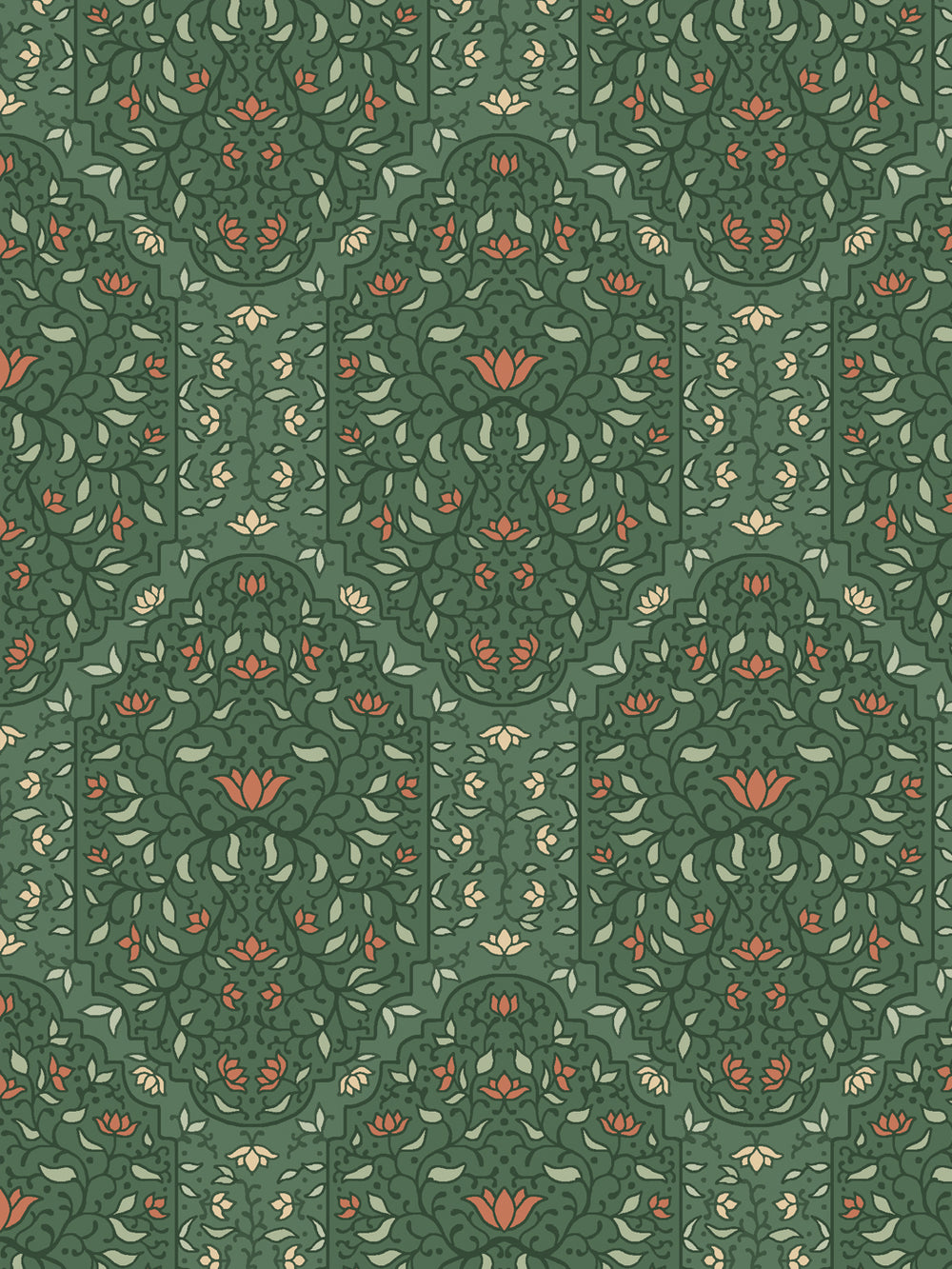 Close crop of darker forest green and scrolling foliate arches on medium pine green