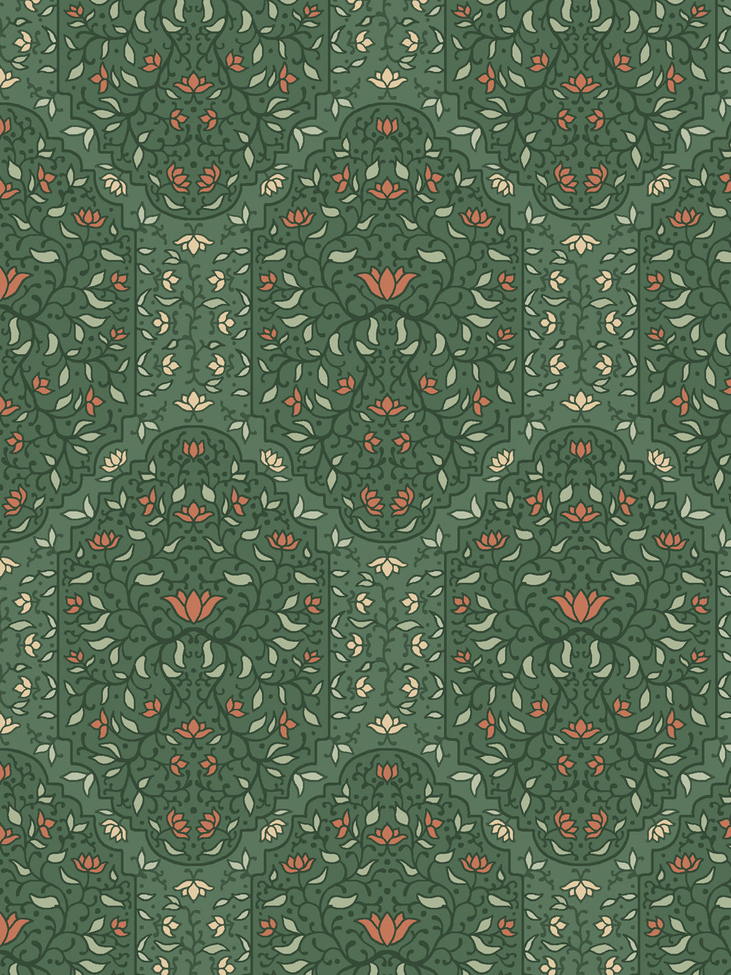 Close crop of darker forest green and scrolling foliate arches on medium pine green