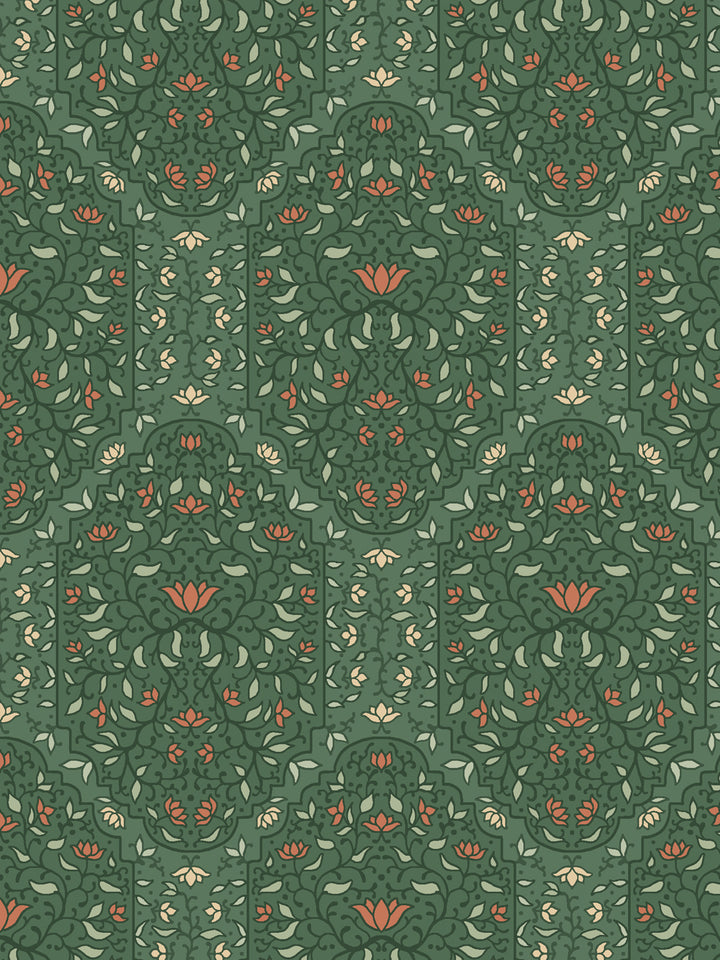 Close crop of darker forest green and scrolling foliate arches on medium pine green