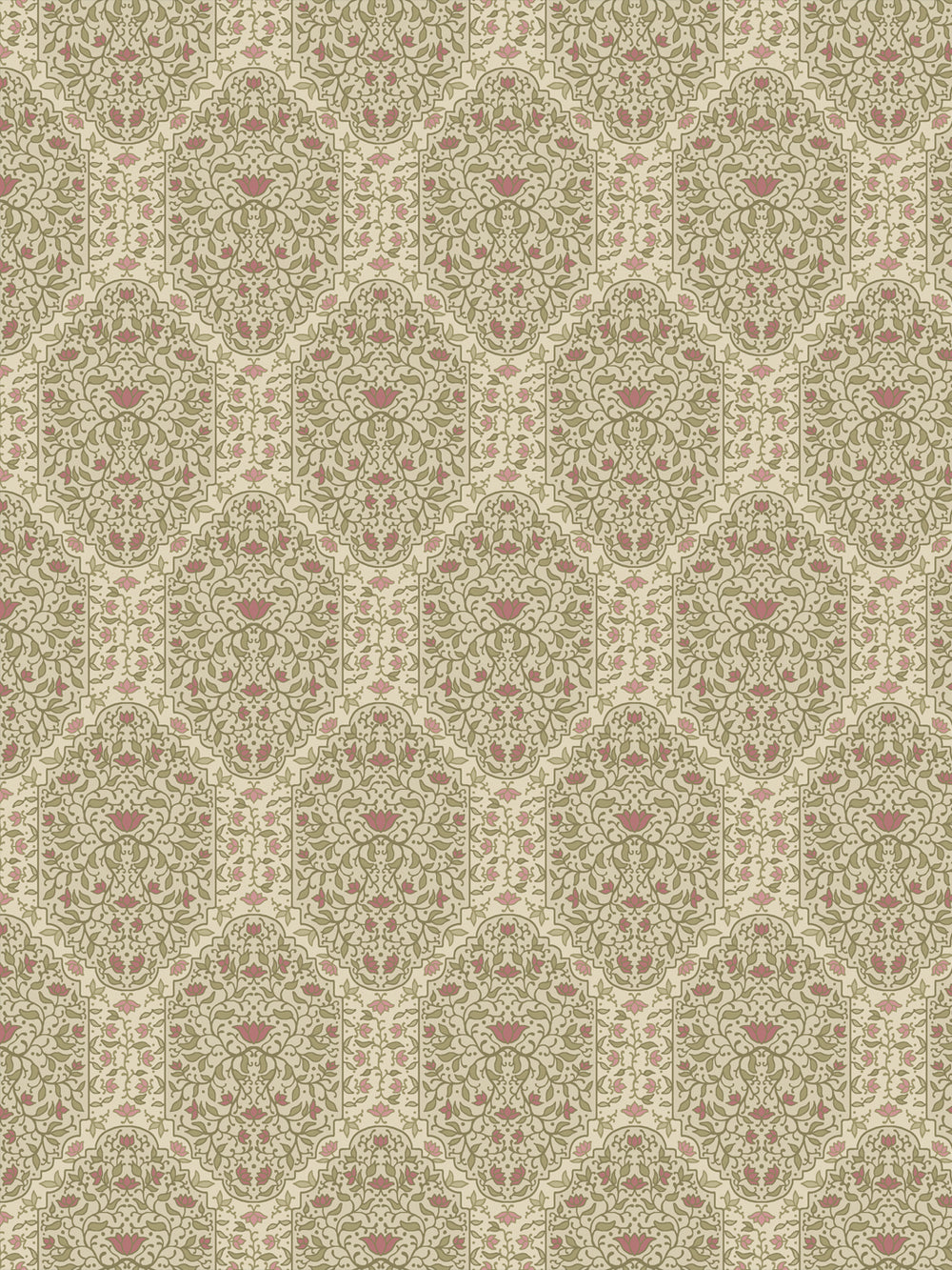 Taliah wallpaper in Country Manor Blush: sage foliate arches and dusty rose lotus on oatmeal cream