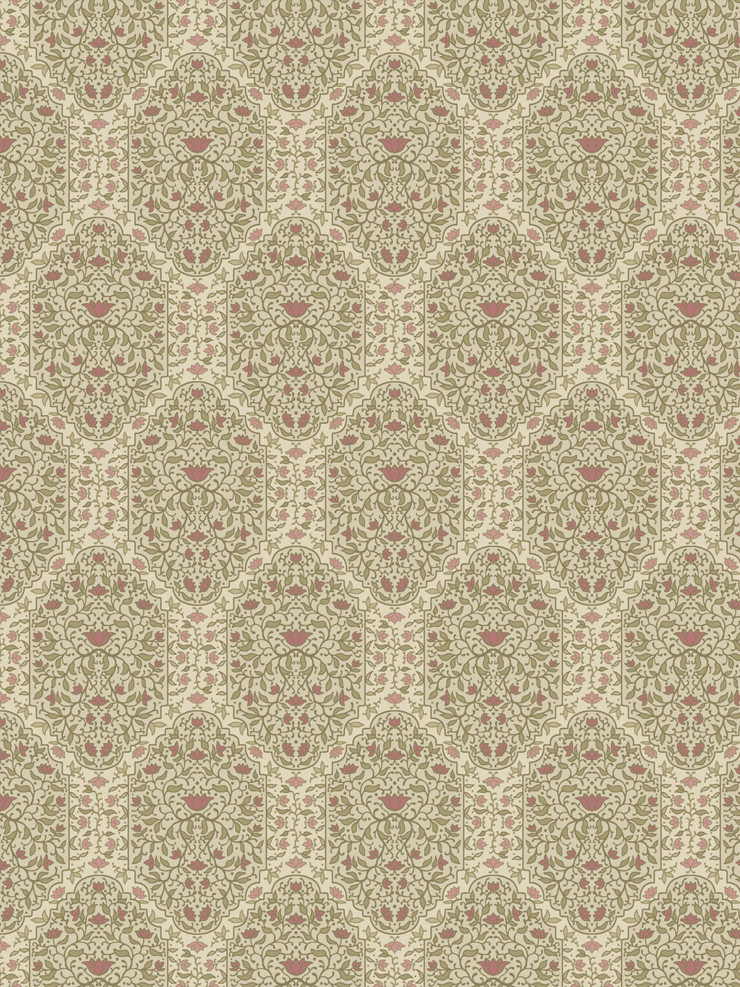 Taliah wallpaper in Country Manor Blush: sage foliate arches and dusty rose lotus on oatmeal cream
