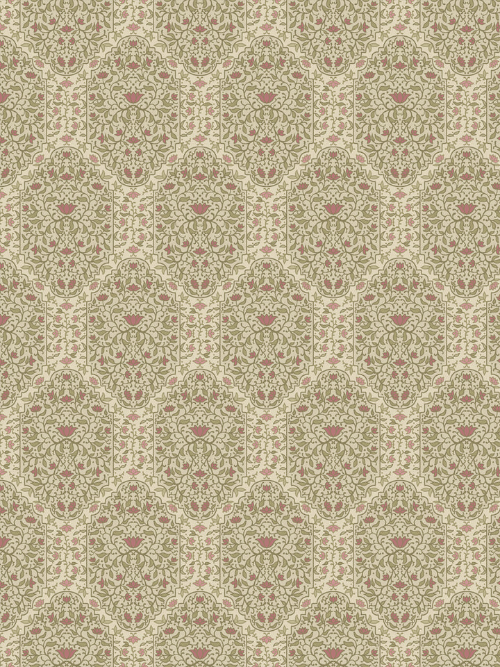 Taliah wallpaper in Country Manor Blush: sage foliate arches and dusty rose lotus on oatmeal cream