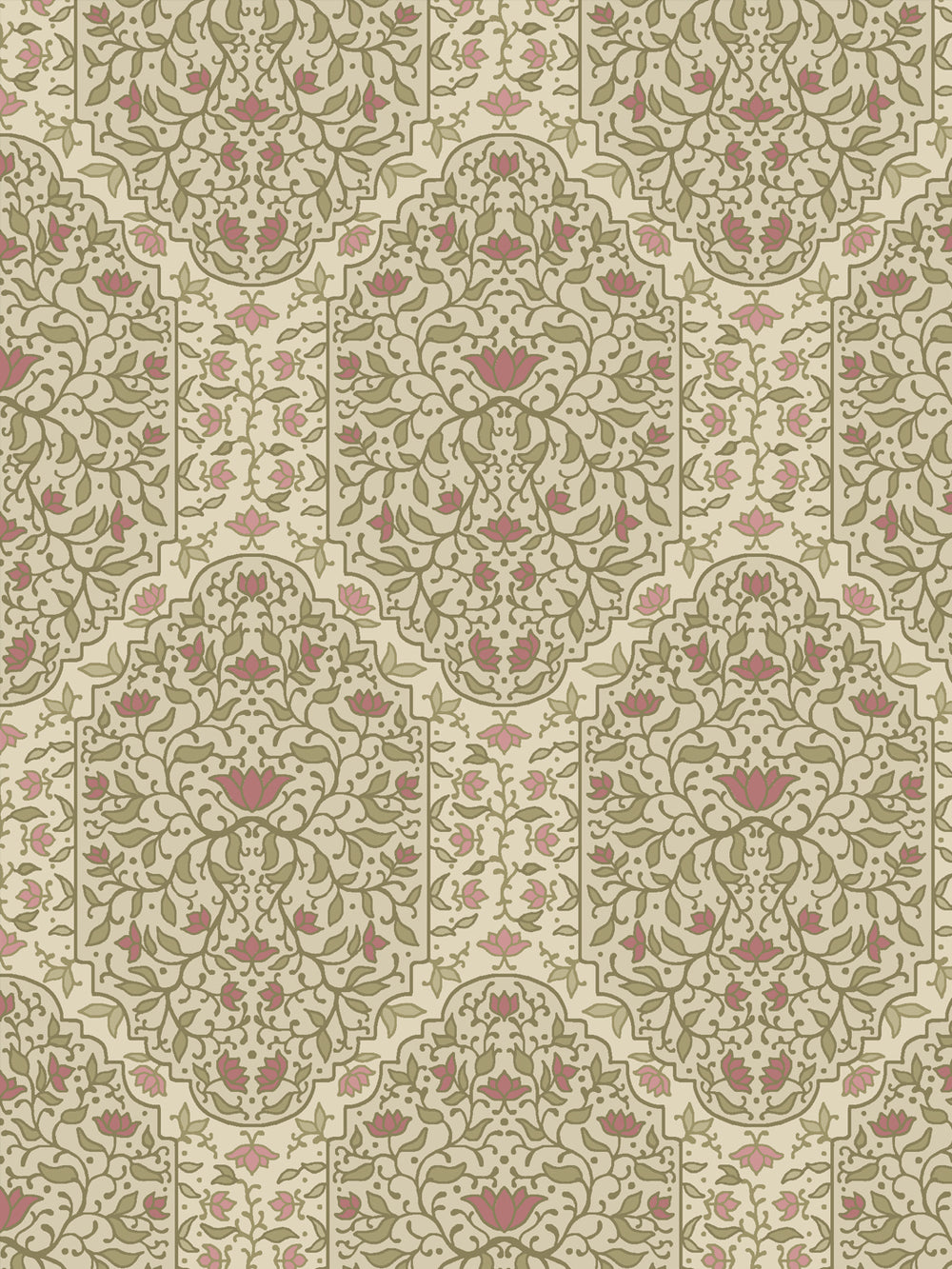 Close crop of sage-olive and foliate arches on oatmeal cream