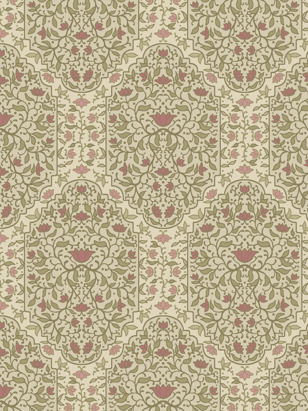 Close crop of sage-olive and foliate arches on oatmeal cream