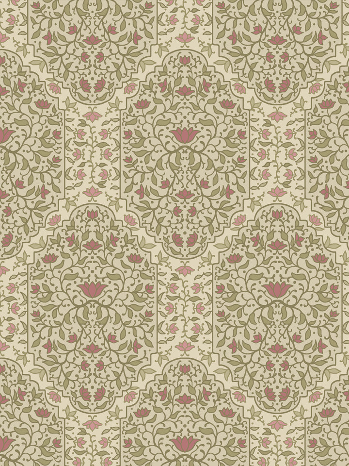 Close crop of sage-olive and foliate arches on oatmeal cream