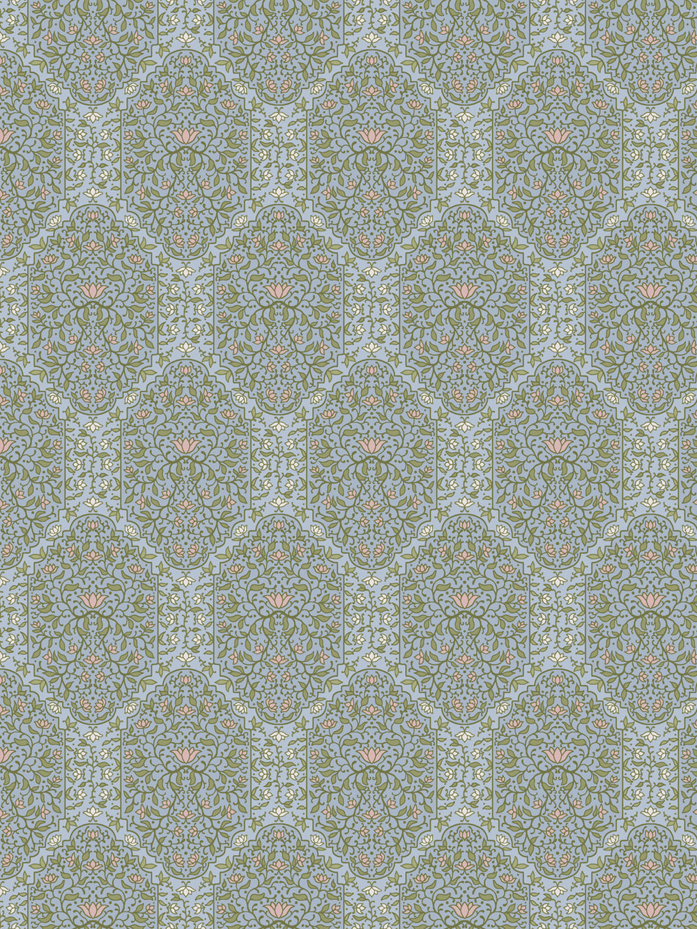 Taliah wallpaper in Dewdrop Garden: olive foliate arches with pink lotus and ivory buds on dusty blue
